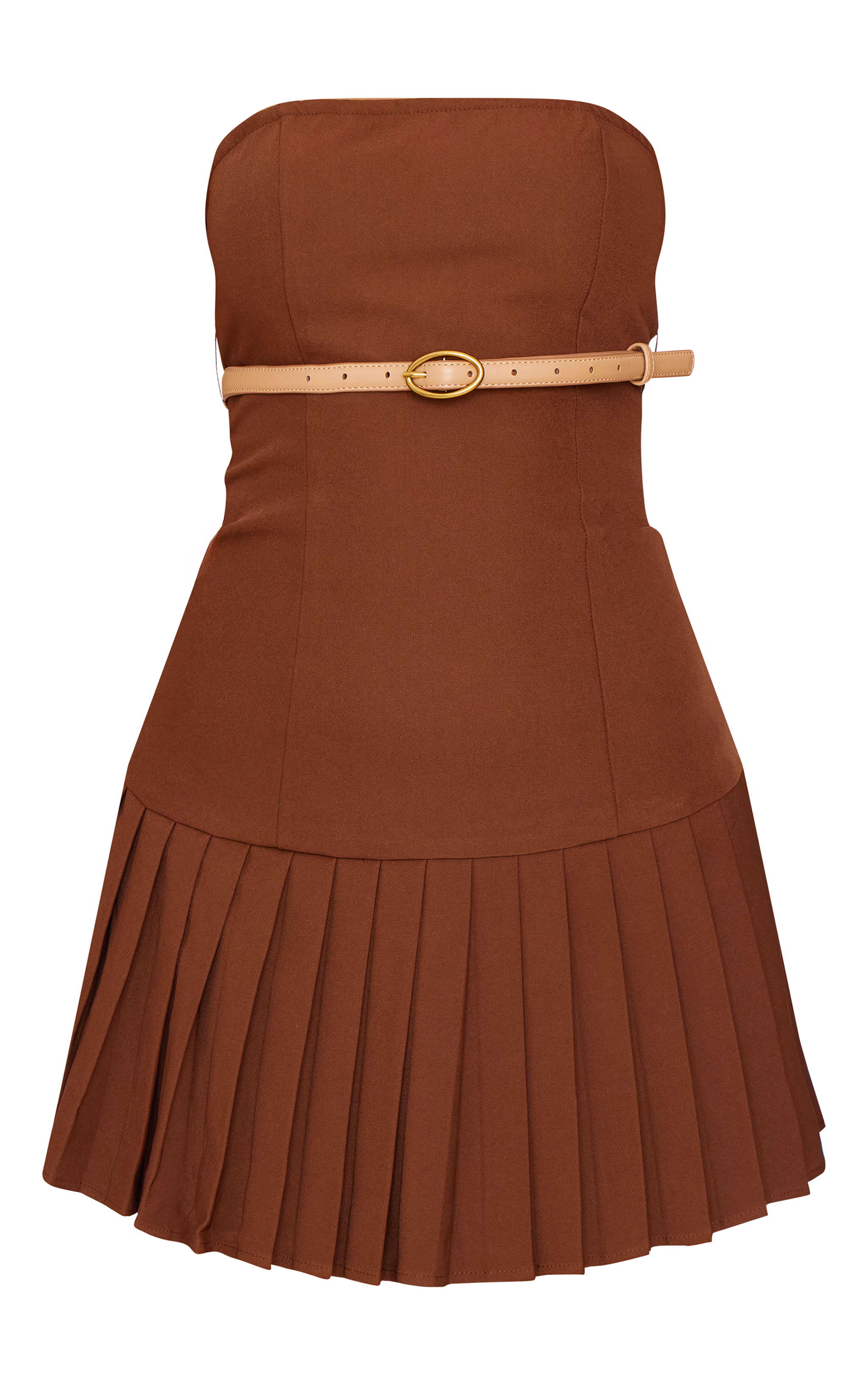 Chocolate Brown Belted Pleated Skirt Bodycon Dress
