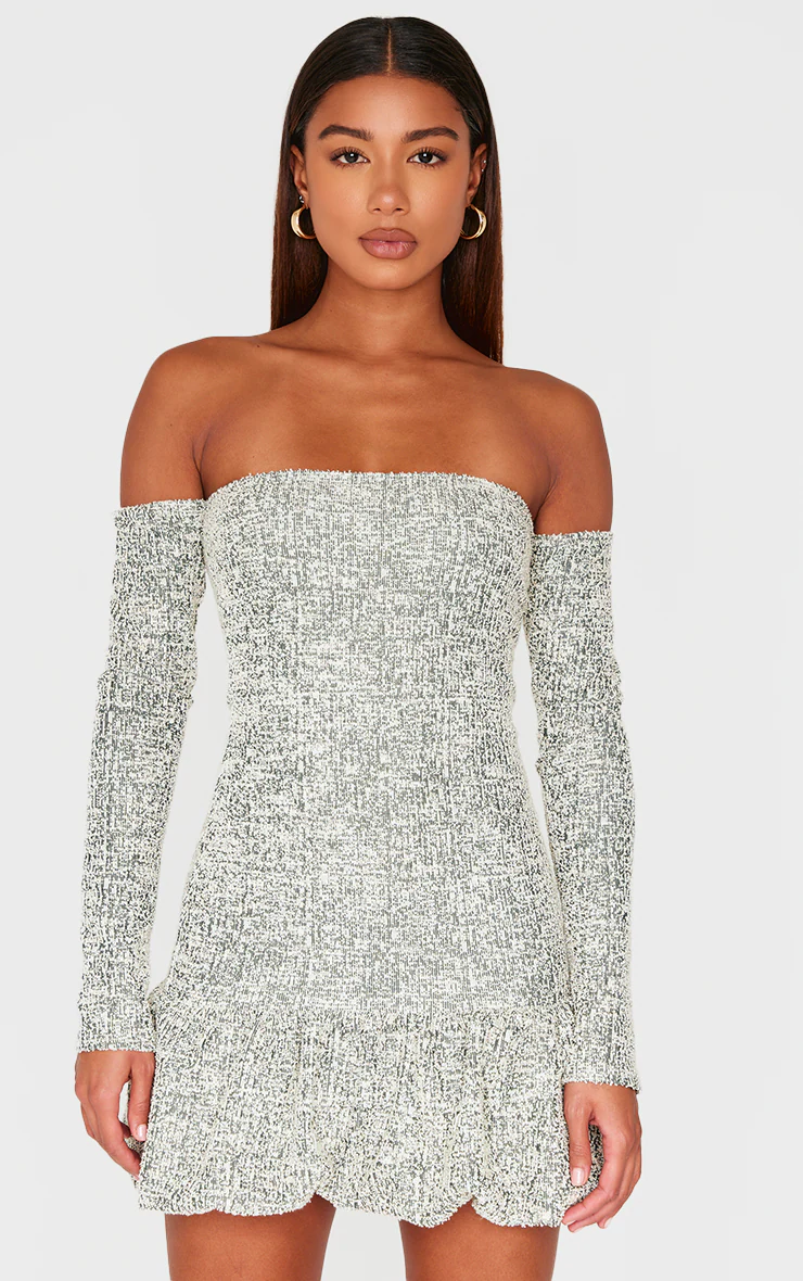 Khaki Bardot Boucle Puffball Mini Dress