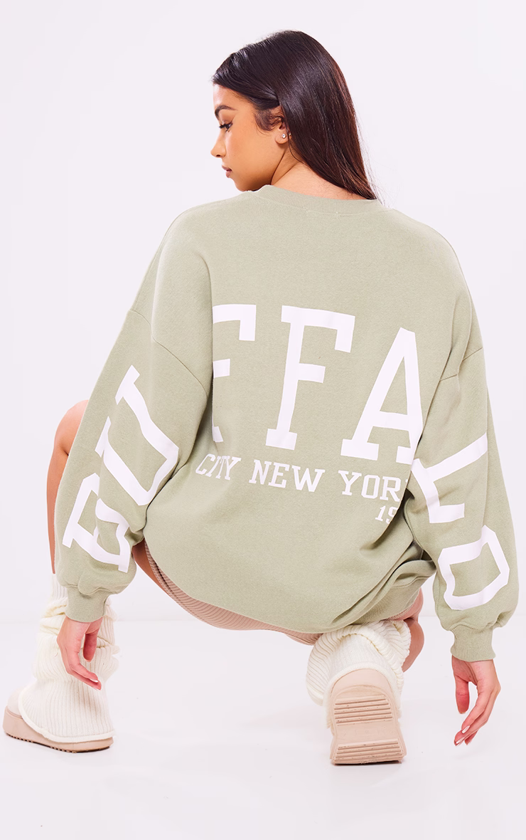 Sage Green Buffalo N.Y Printed Graphic Sweatshirt Dress