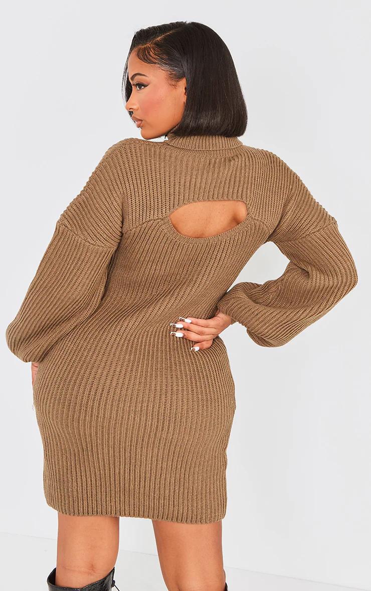 Shape Khaki 2 In 1 High Neck Balloon Sleeve Bodycon Sweater Dress