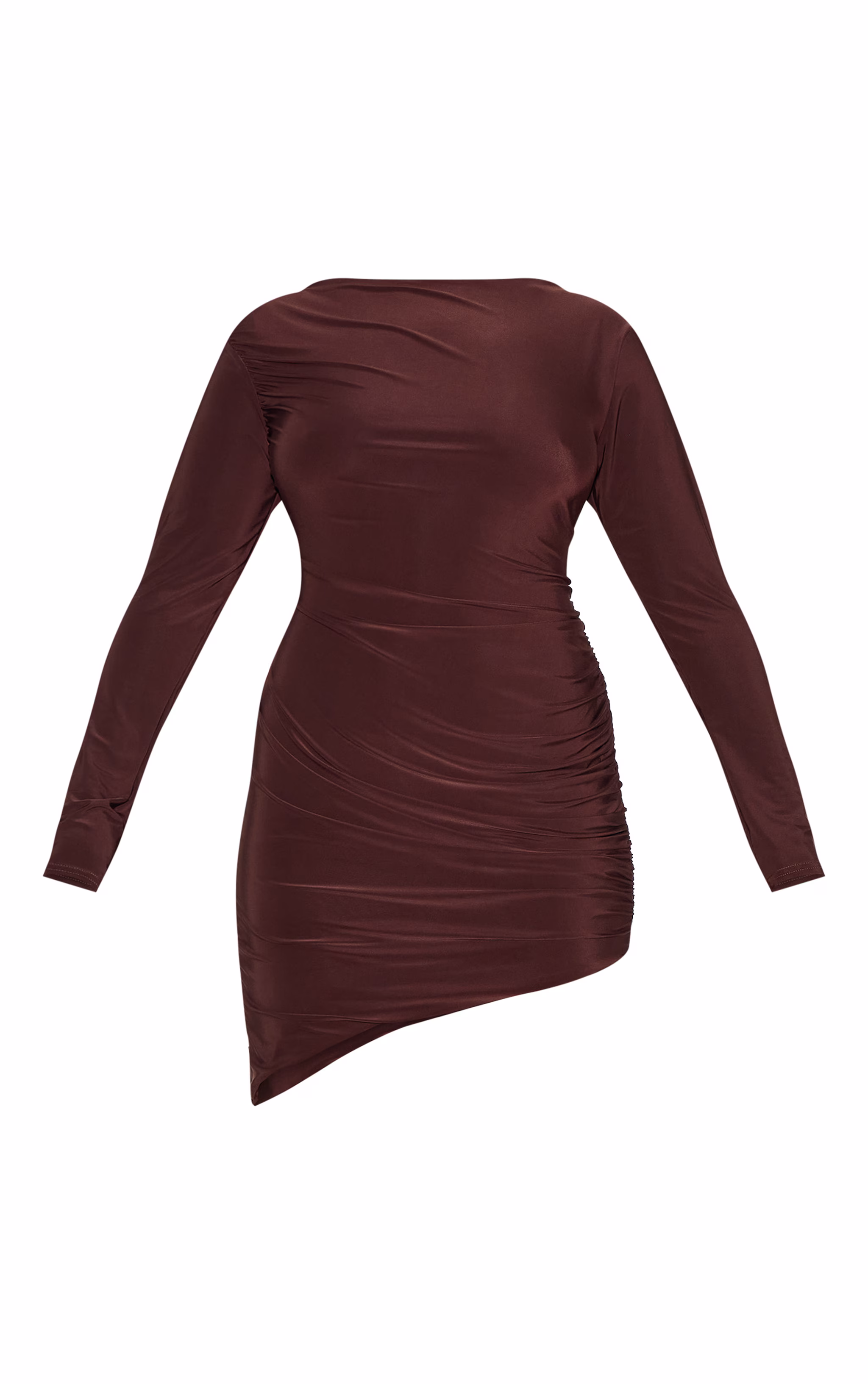Plus Chocolate Double Layer Slinky Ruched Long Sleeve Mini Dress
