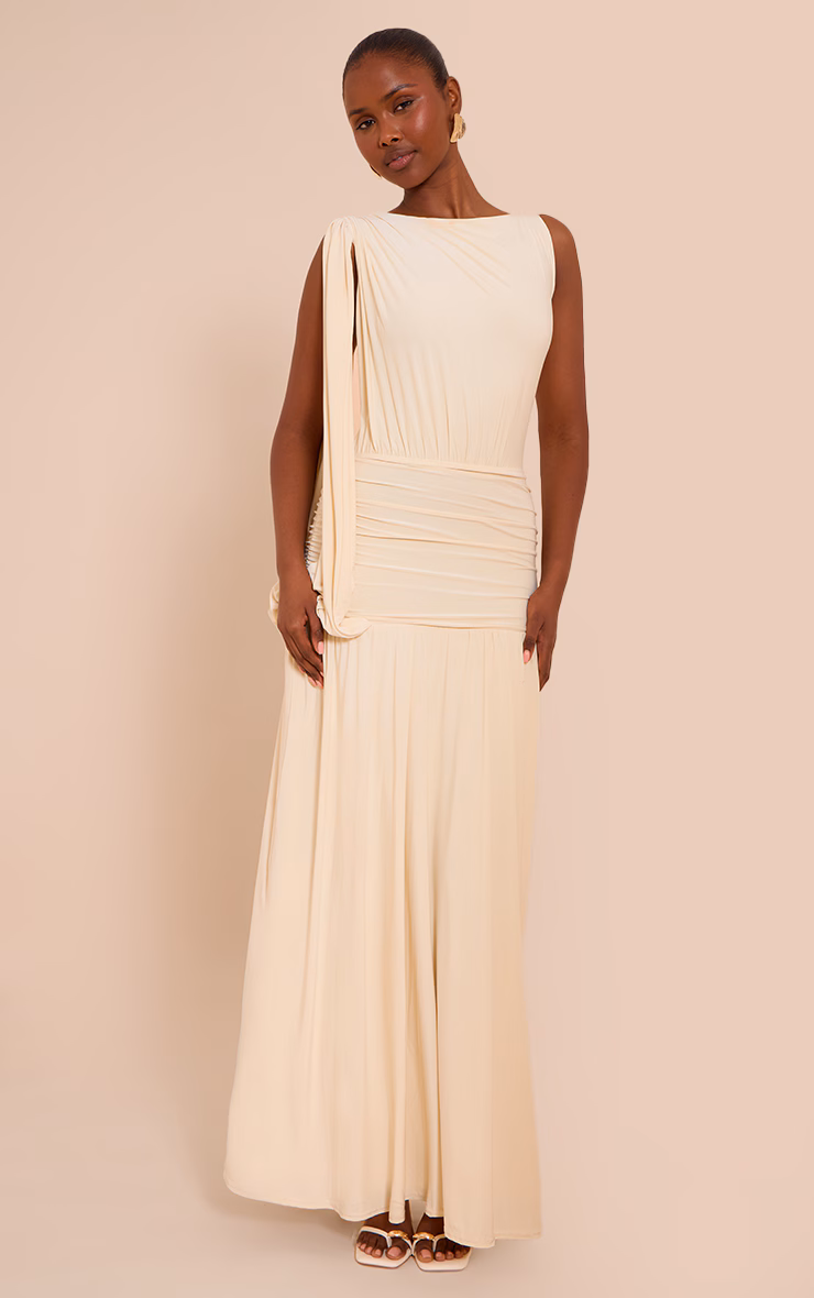 Butter Cream Double Layer Slinky Ruched One Shoulder Maxi Dress