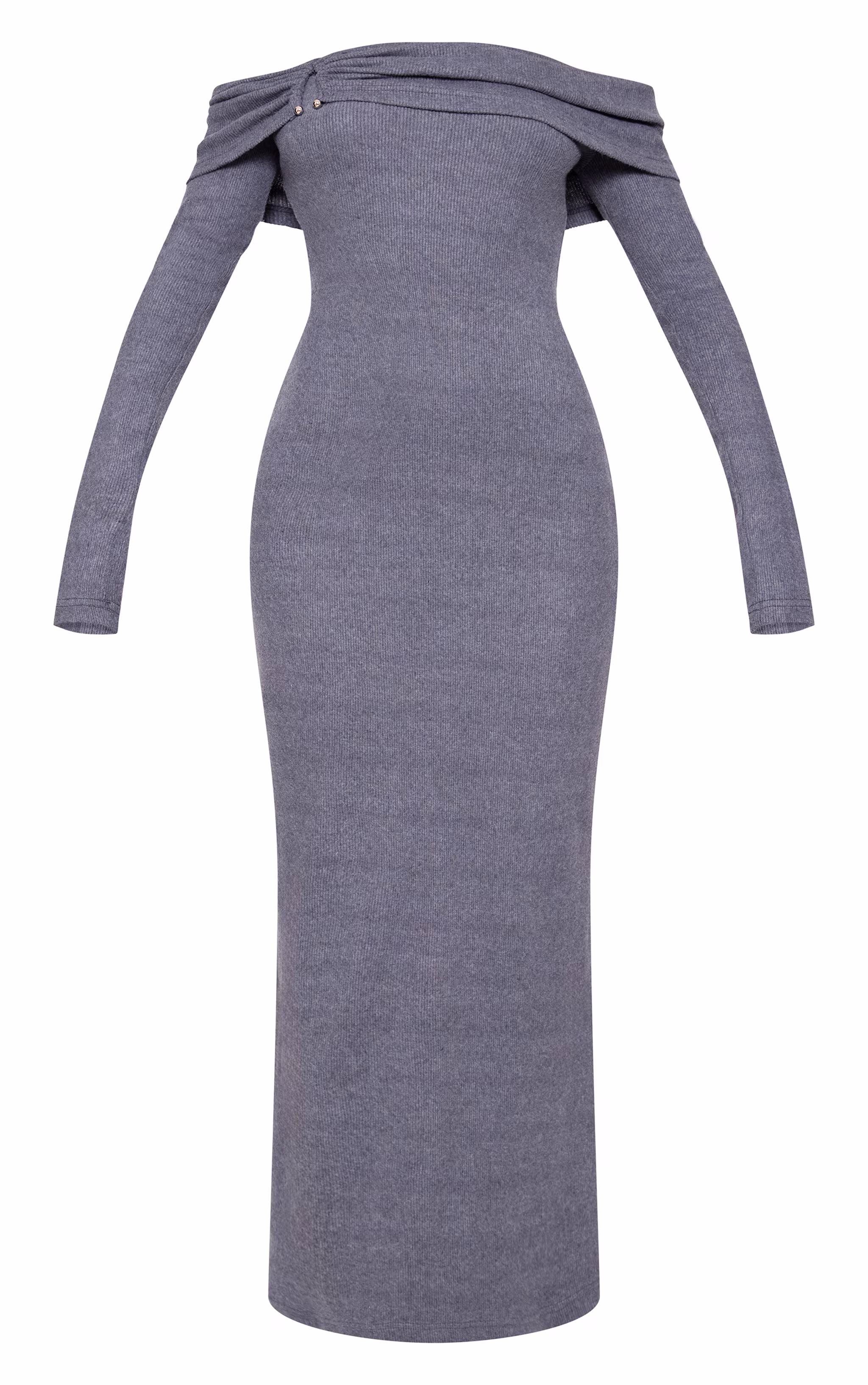 Charcoal Heavy Brushed Rib Bardot Trim Maxi Dress