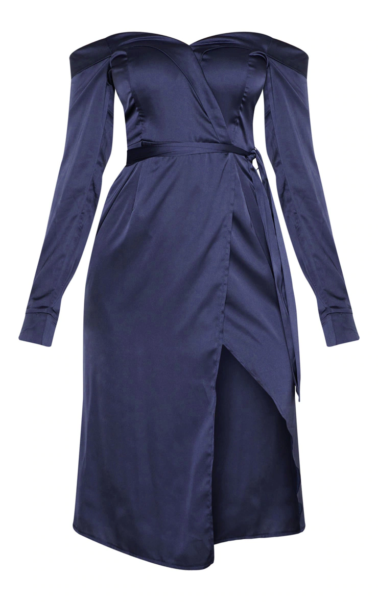 Navy Satin Bardot Lapel Detail Wrap Midi Dress
