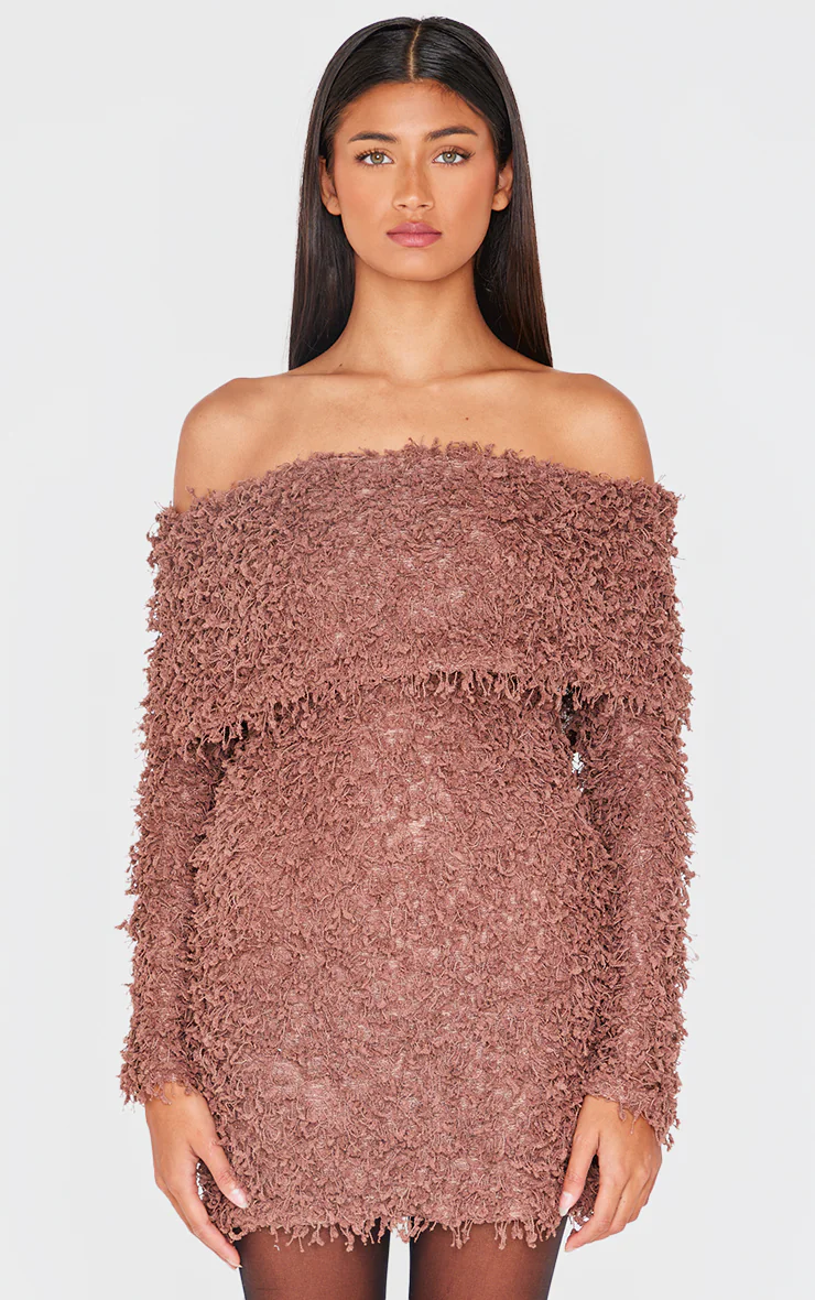Mocha Textured Long Sleeve Fold Over Bardot Mini Dress