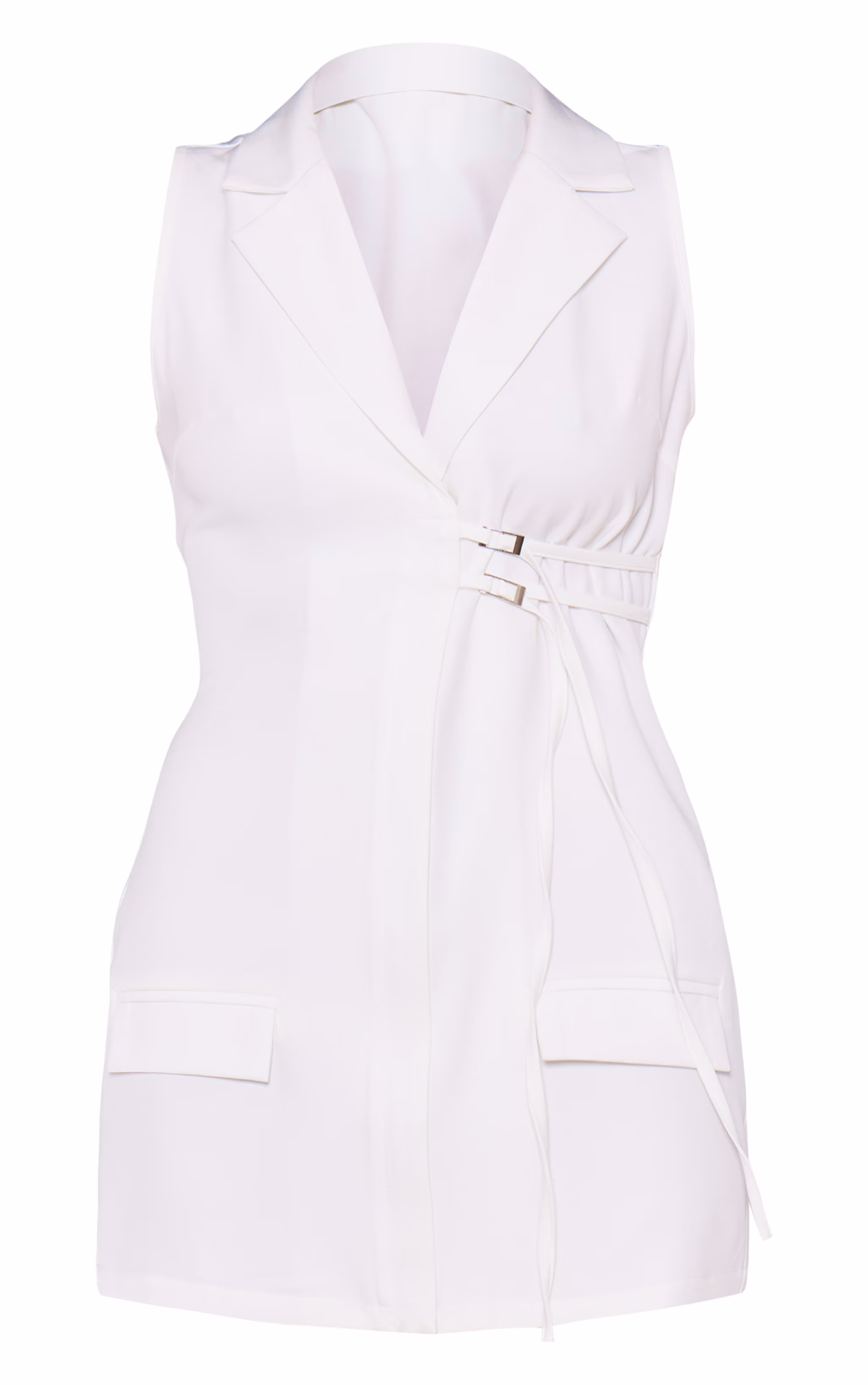 White Tailored Woven Sleeveless Buckle Detail Blazer Dress