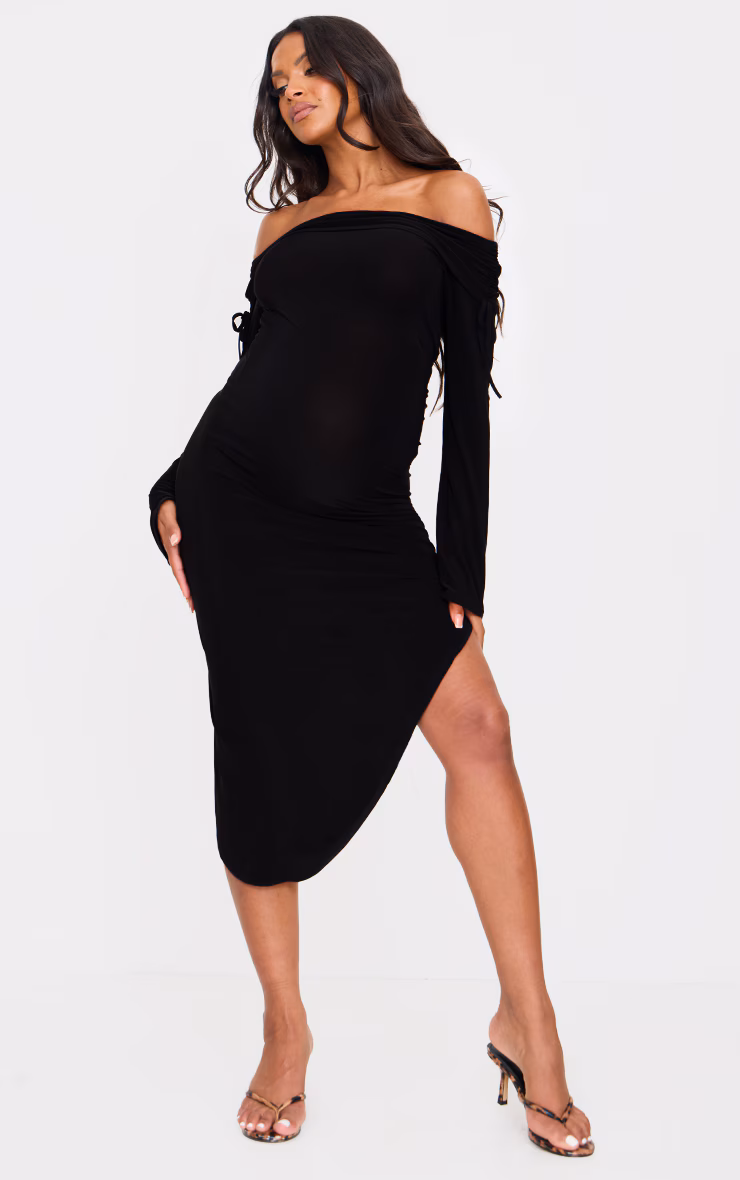 Maternity Black Slinky Bardot Ruched Asymmetric Hem Midi Dress