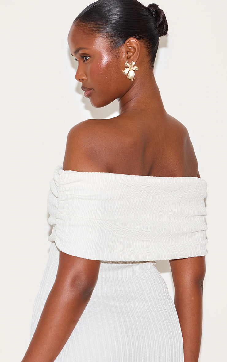 Cream Textured Fold Over Bardot Maxi Dress