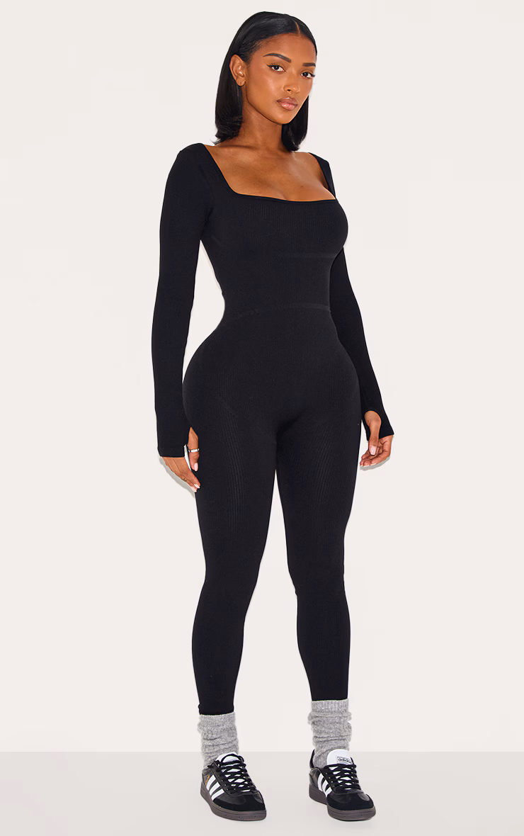 Shape Black Snatched Rib Square Neck Thumb Hole Jumpsuit
