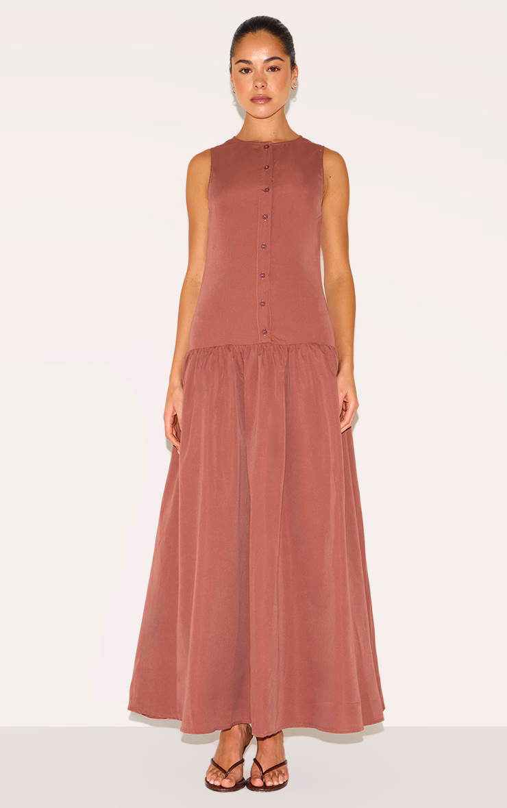 Rust Button Down Drop Waist Maxi Dress