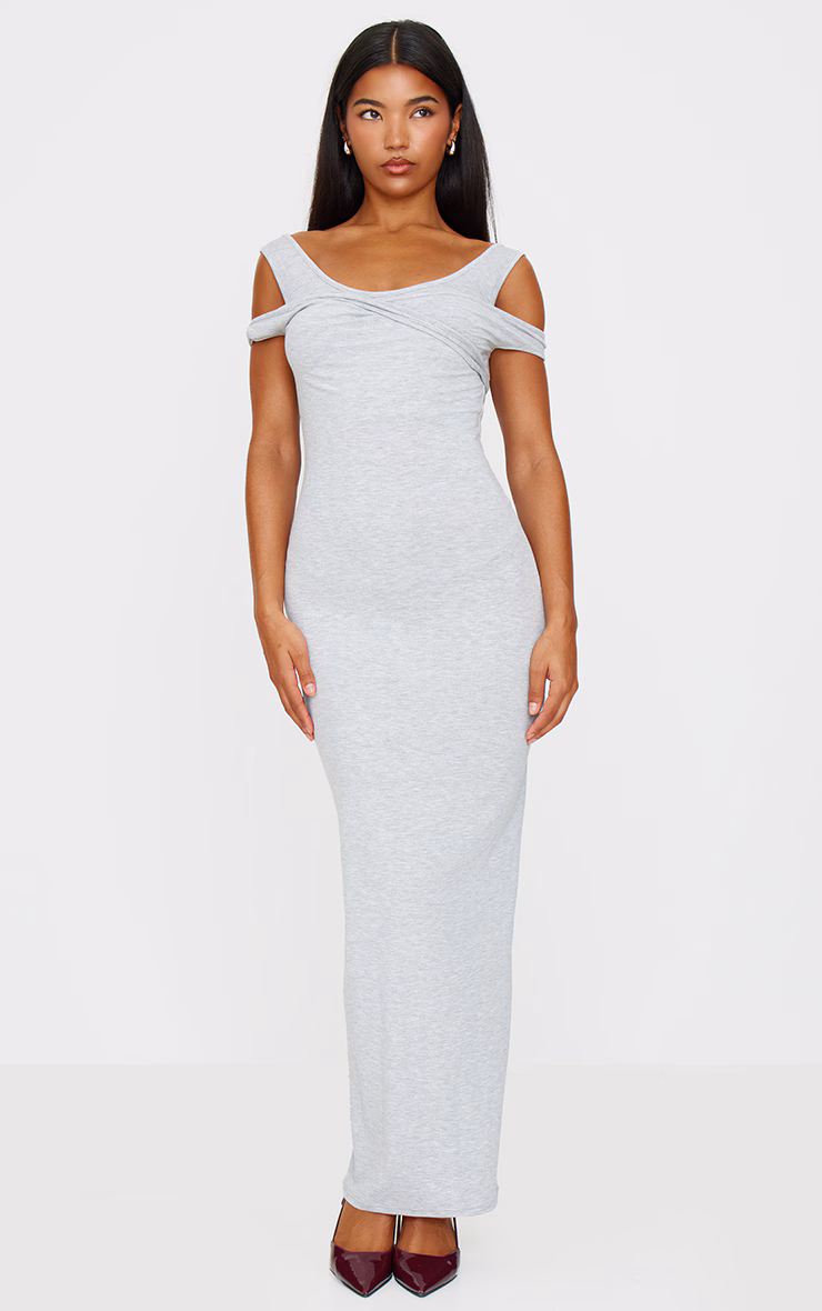 Grey Marl Ribbed Twisted Maxi Dress
