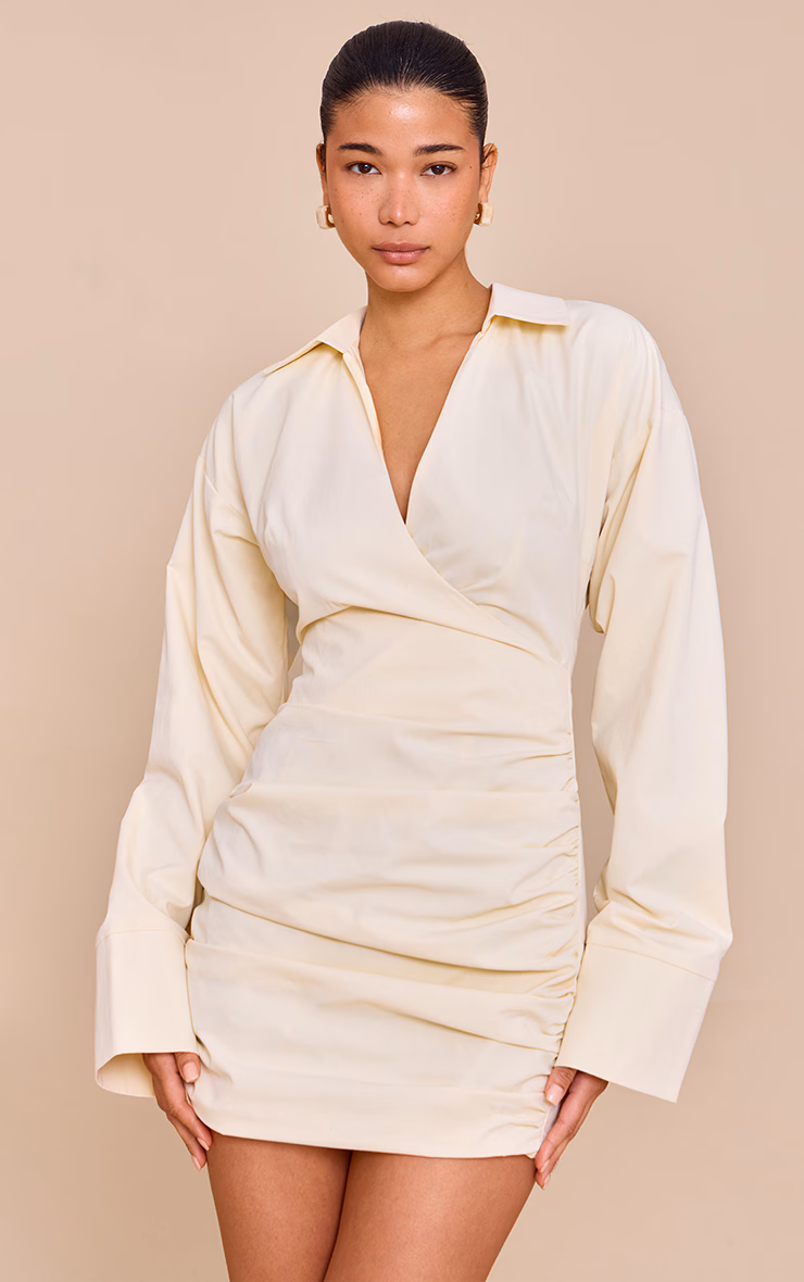 Butter Yellow Plunge Deep Cuff Shirt Dress