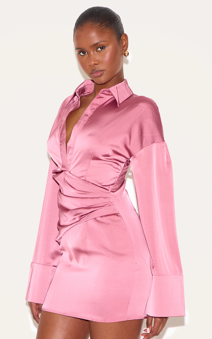 Blush Rose Premium Satin Bell Sleeve Shirt Dress