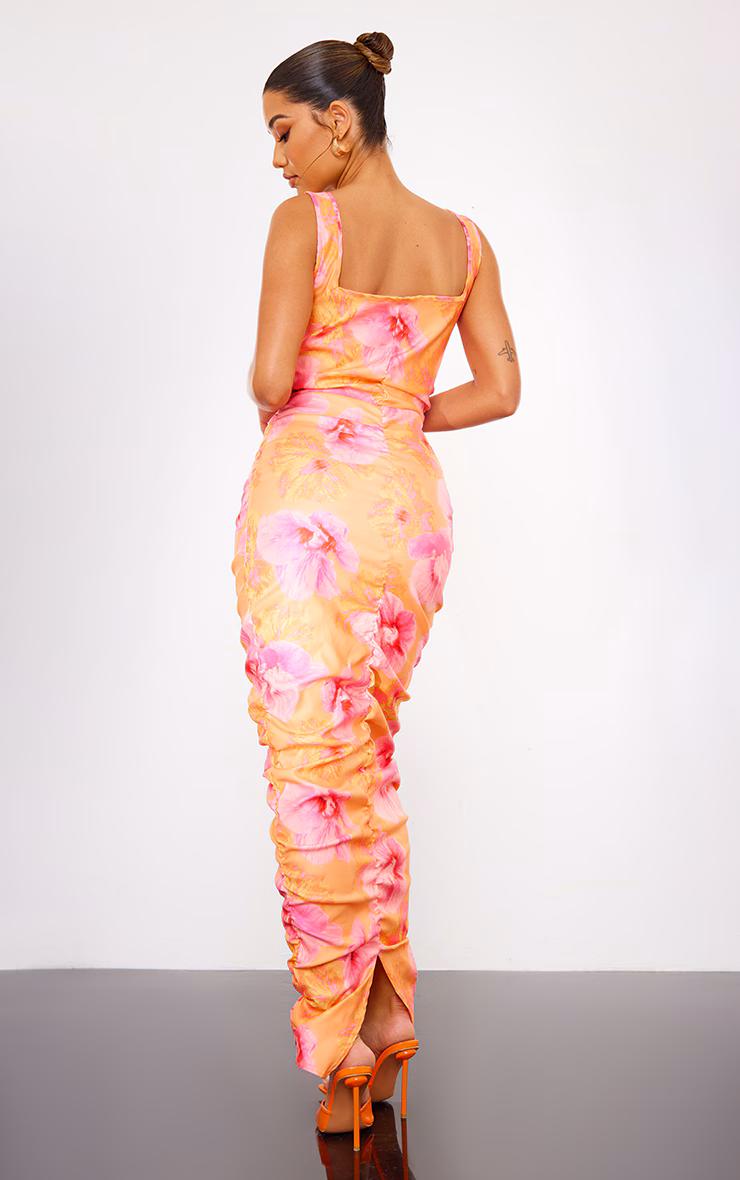 Pink Floral Printed Extreme Ruched Midaxi Dress