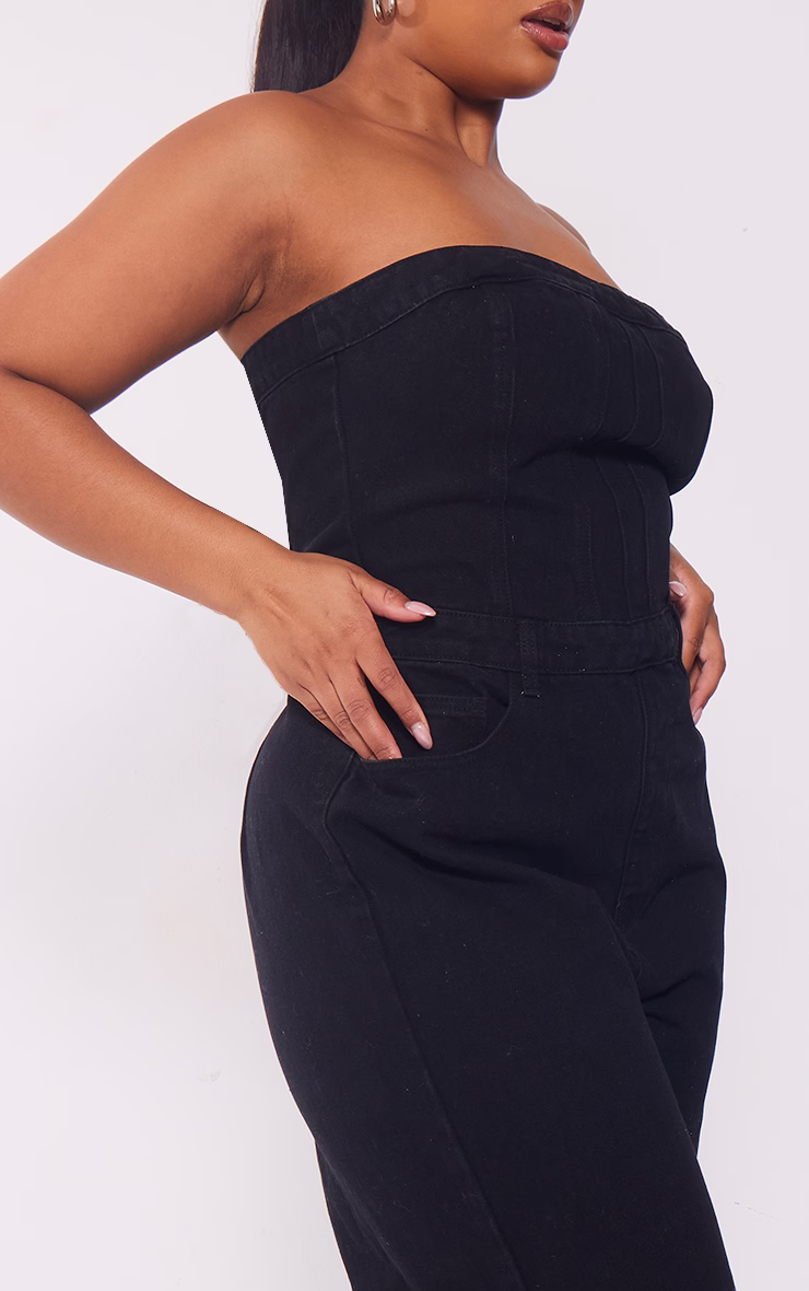 Plus Washed Black Bandeau Denim Jumpsuit