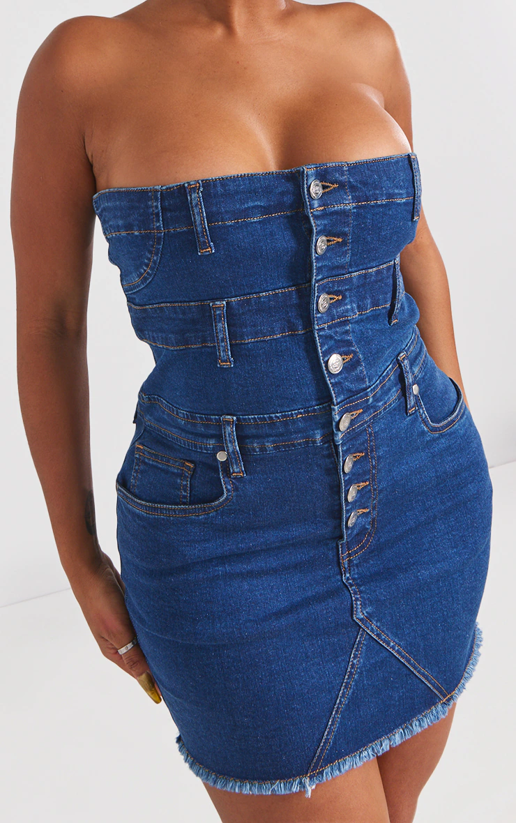 Shape Dark Blue Denim Button Front Bandeau Dress