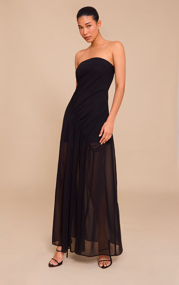Black Double Layer Mesh Bandeau Asymmetric Ruching Maxi Dress