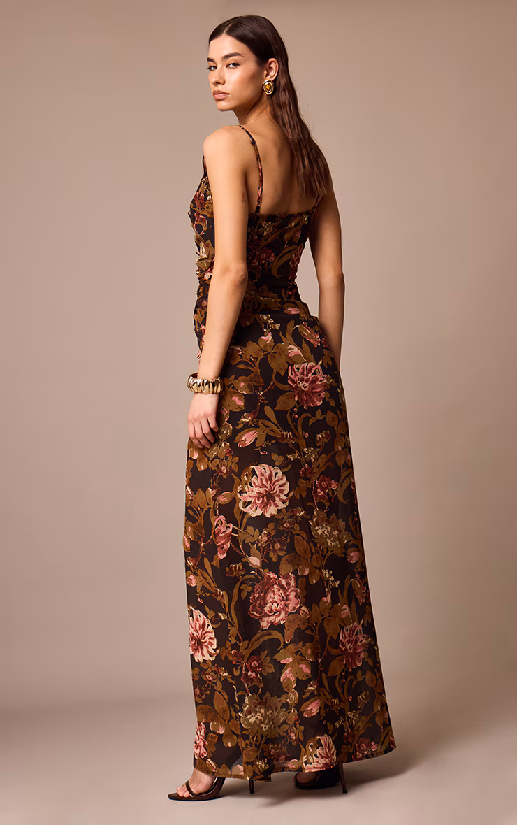 Black Floral Printed Chiffon Ruched Detail Maxi Dress