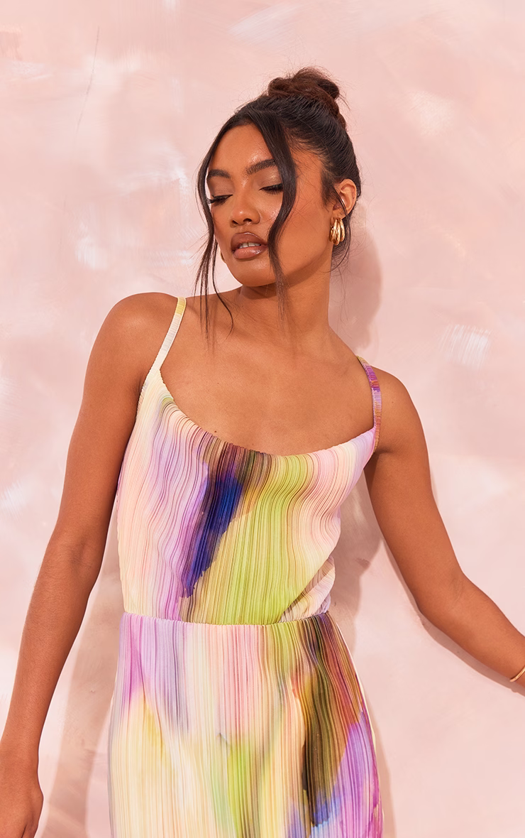 Tall Purple Watercolour Print Plisse Strappy Maxi Dress