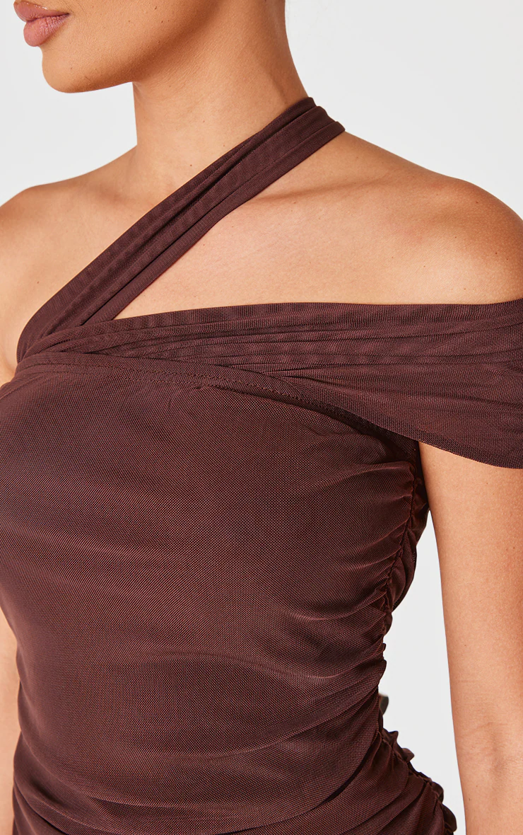 Chocolate Mesh Neck Detail Mini Dress