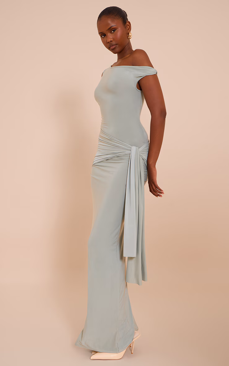 Sage Slinky Off Shoulder Wrap Detail Maxi Dress