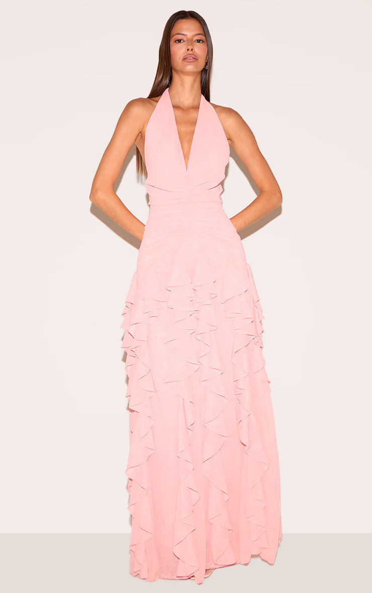 Light Pink Plunge Ruched Frill Detail Maxi Dress