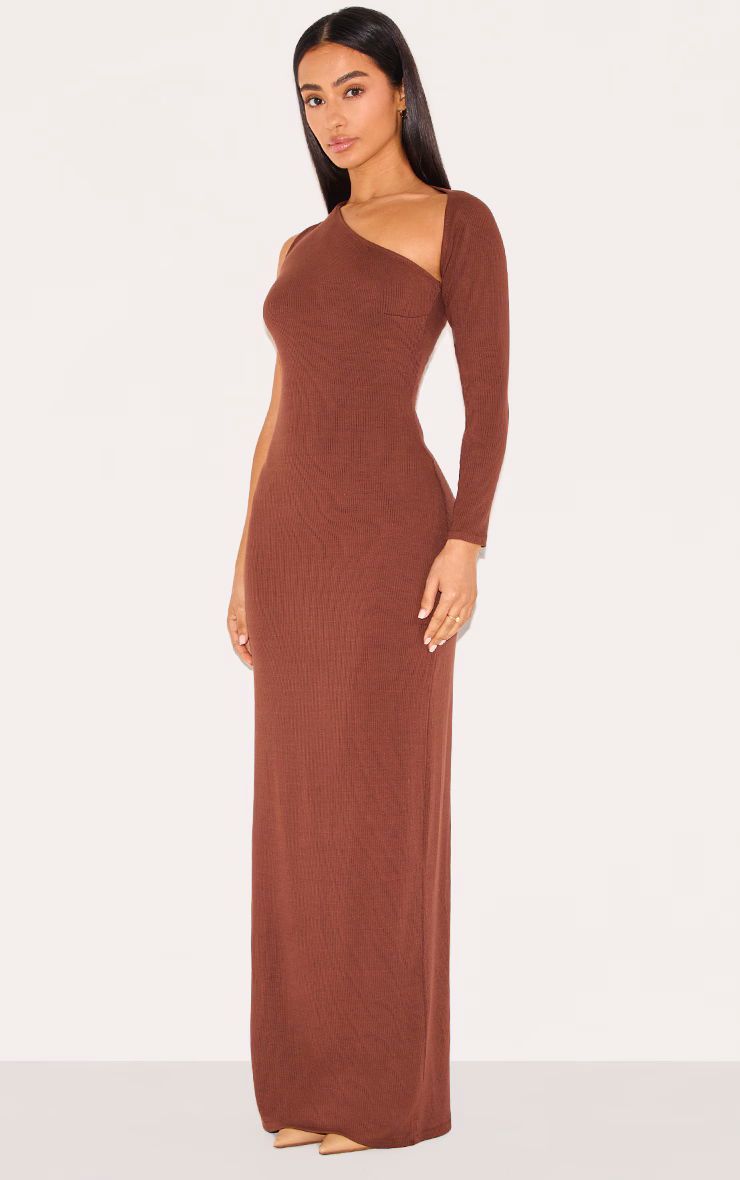Petite Chocolate Ribbed One Sleeve Maxi Dress