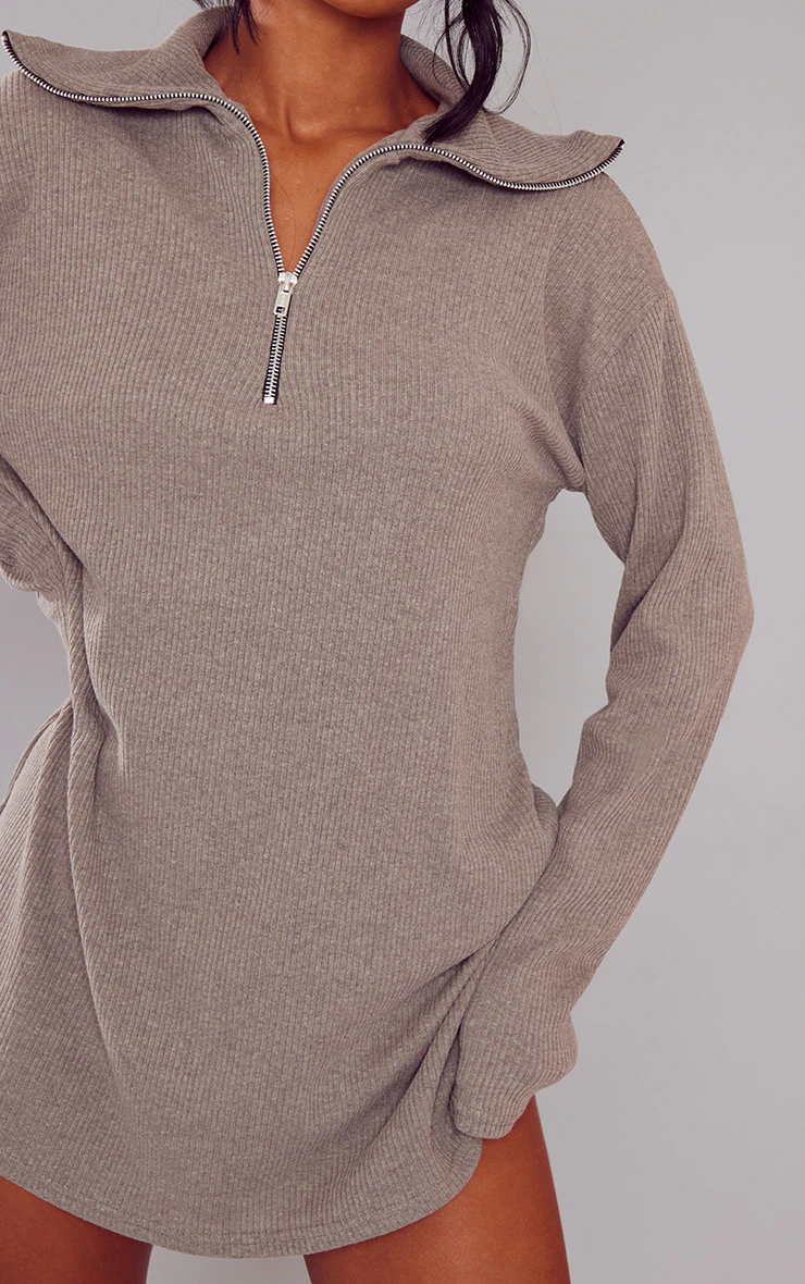 Sage Khaki Rib High Neck Half Zip Oversized Sweater Dress