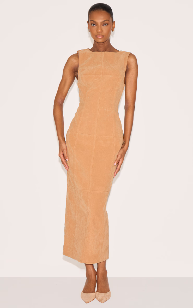 Butter Yellow Faux Suede Boat Neck Backless Maxi Dress