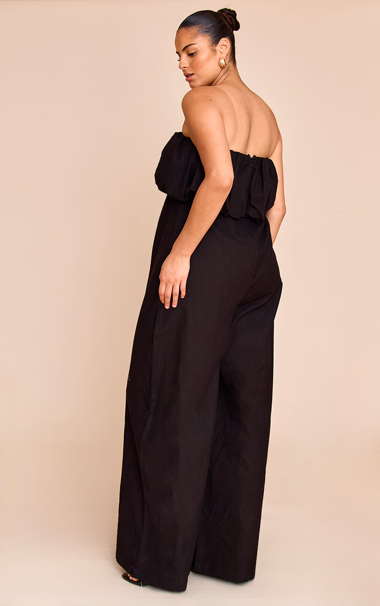 Plus Black Textured Puffball Bandeau Straight Leg Jumpsuit