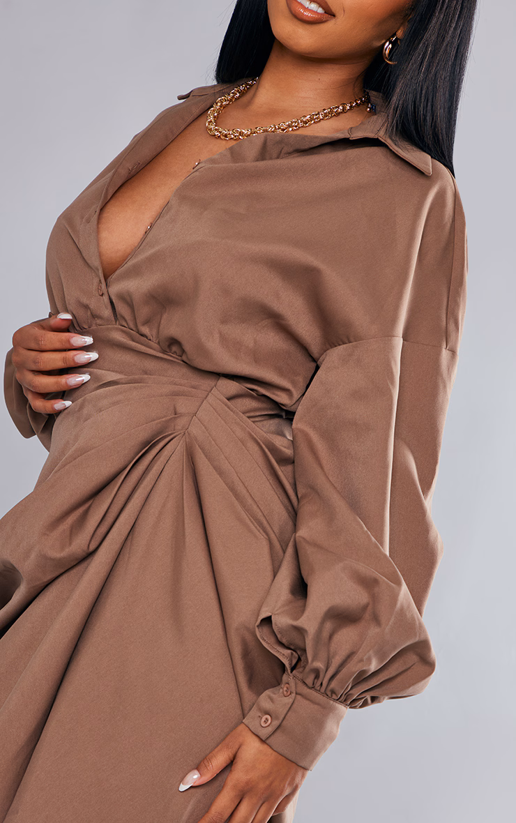 Taupe Balloon Sleeve Gathered Skirt Midi Shirt Dress