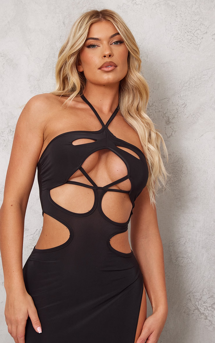 Black Slinky Multi Cut Out Split Detail Maxi Dress