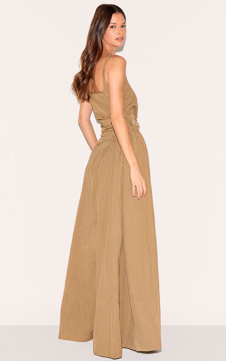 Mushroom Woven Ruched Strappy Maxi Dress