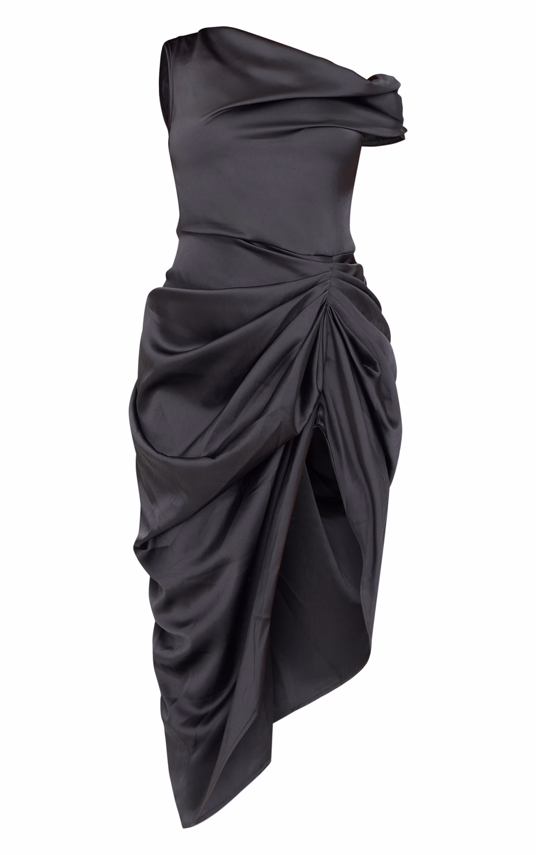 Black Satin Off The Shoulder Draped Skirt Midi Dress