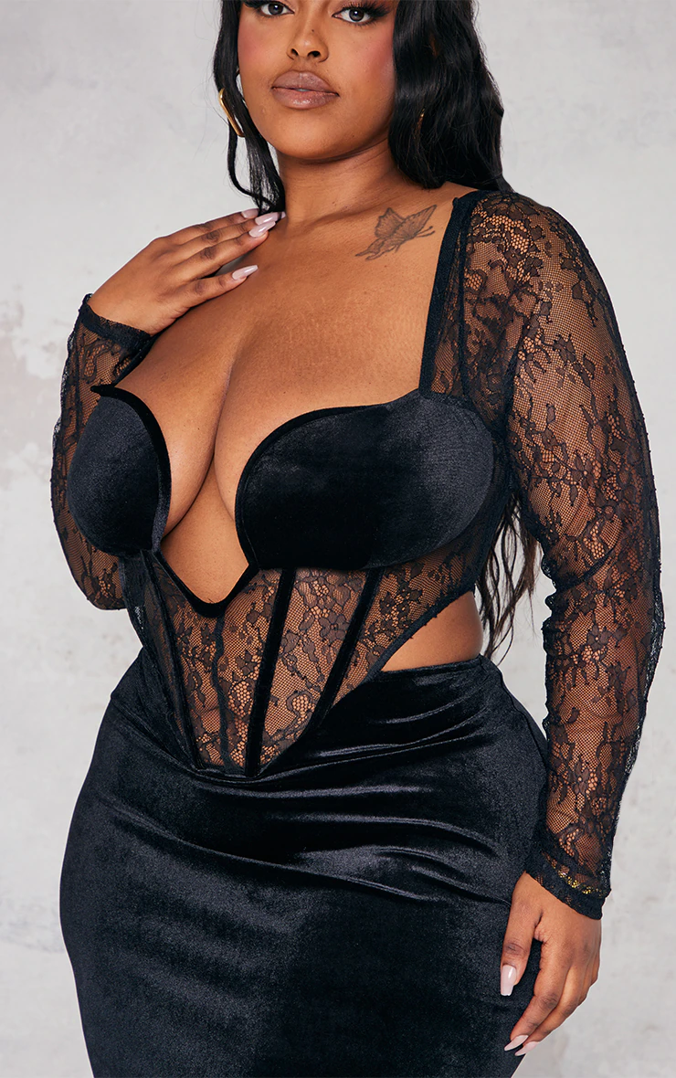 Plus Black Lace Detail Corset Velvet Midaxi Dress