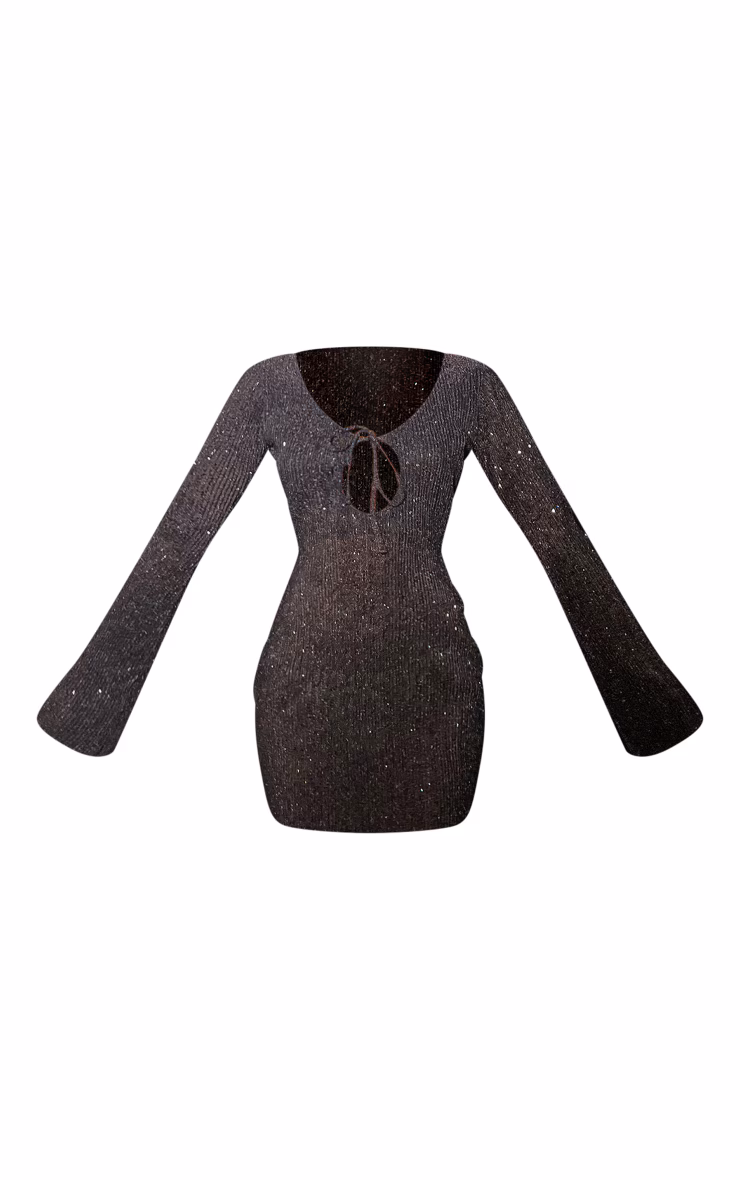 Black Sequin Plisse Long Sleeve Tie Detail Bodycon Dress