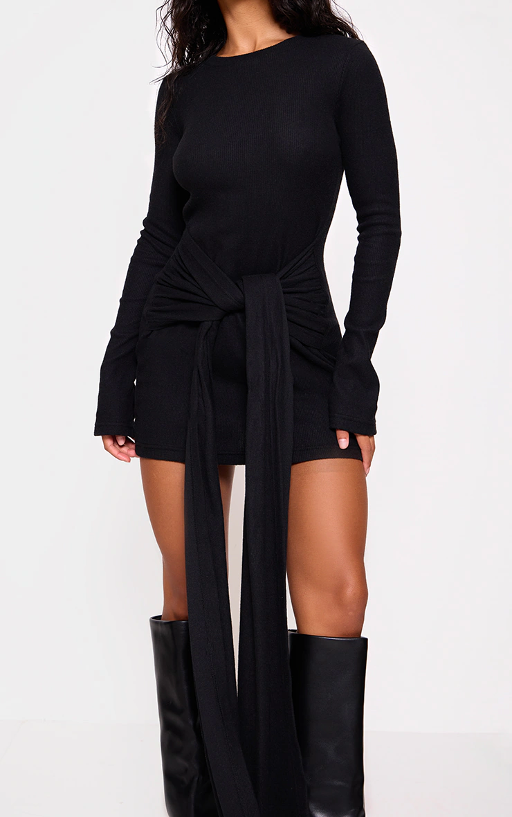Black Heavy Brushed Rib Wrap Tie Bodycon Dress