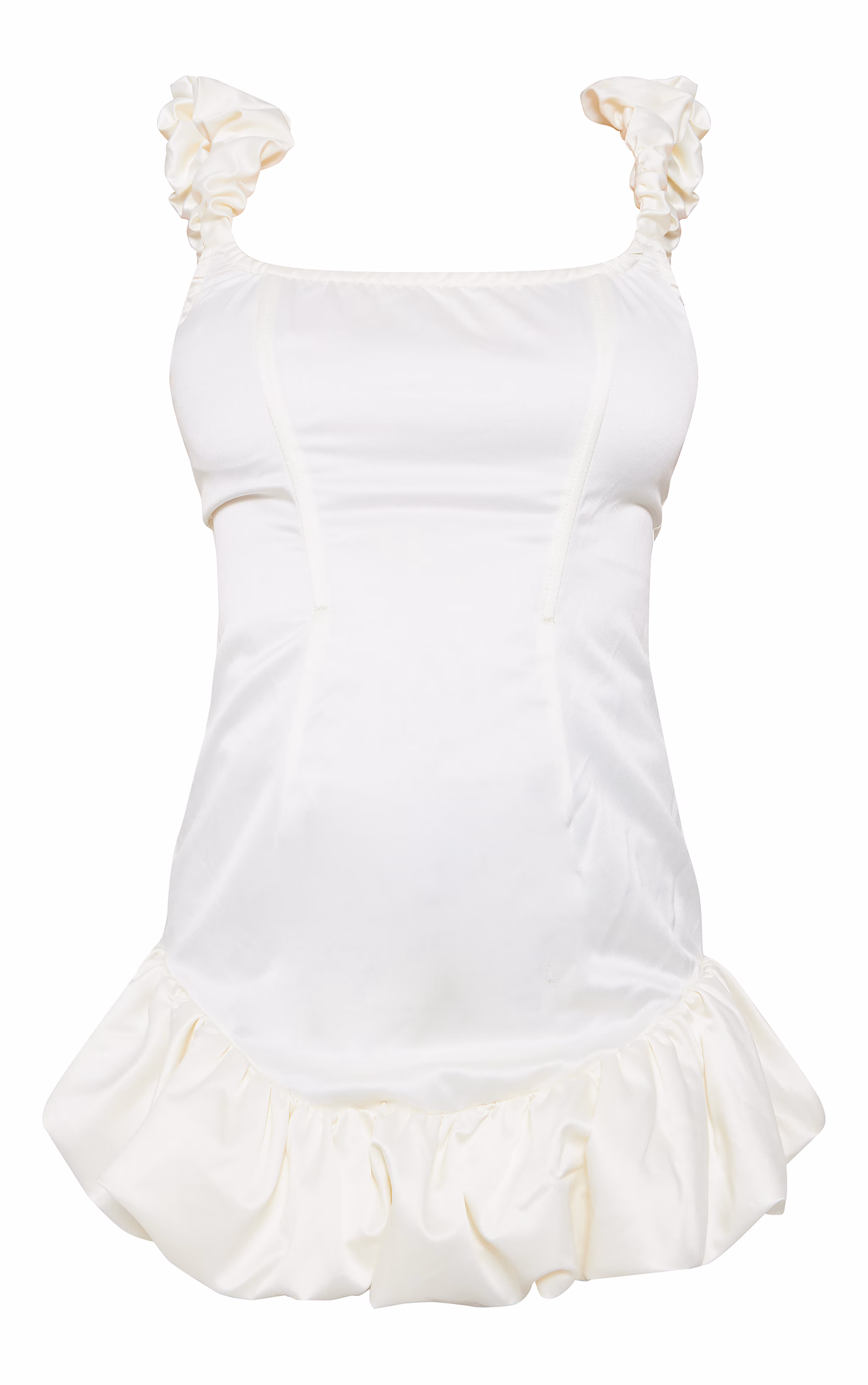 White Satin Bardot Puff Hem Bodycon Dress