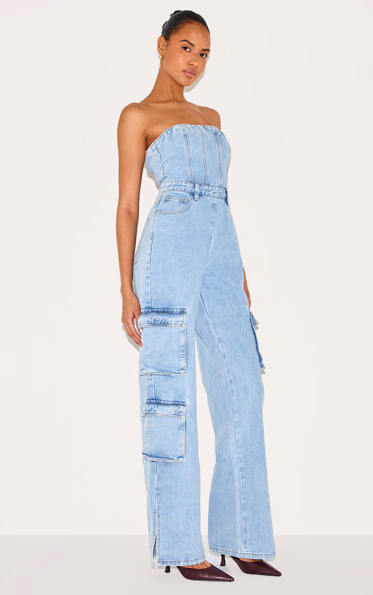 Light Blue Wash Cargo Pocket Bandeau Denim Jumpsuit