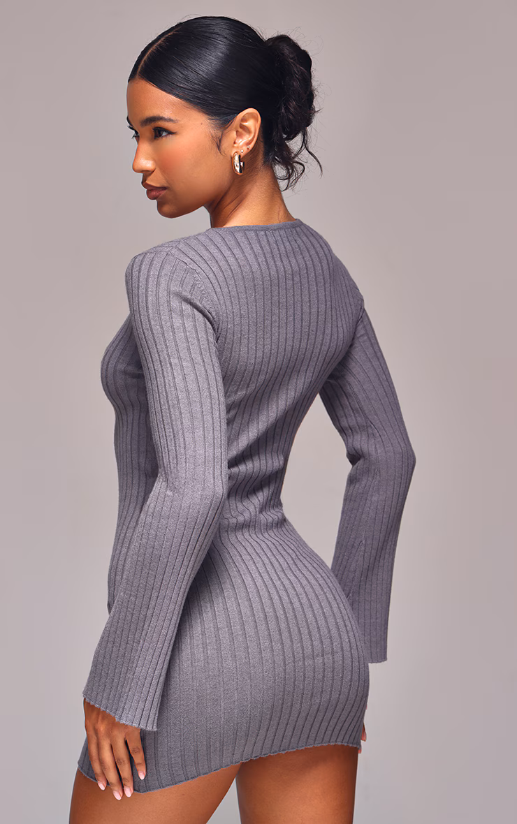 Ash Grey Ribbed Knit Mini Dress