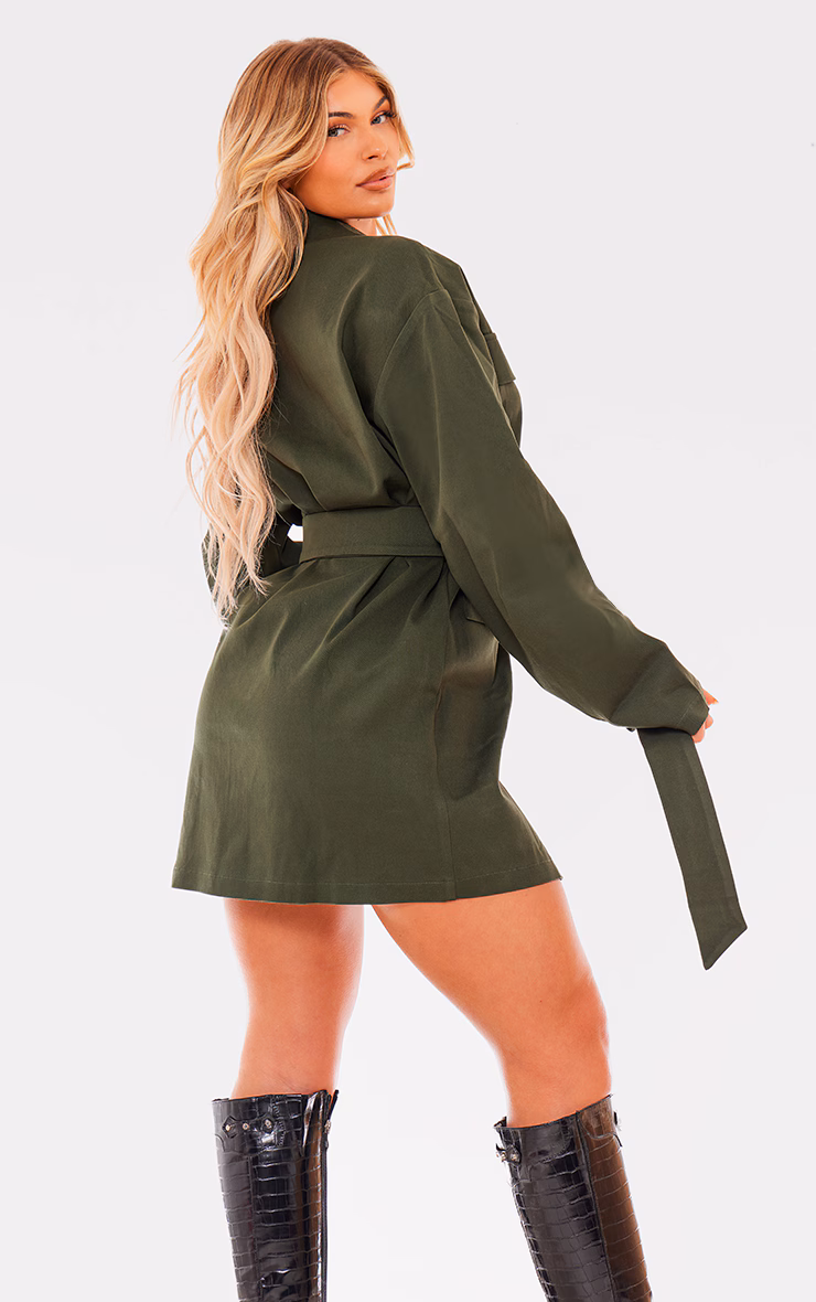 Khaki Woven Button Belted Blazer Dress