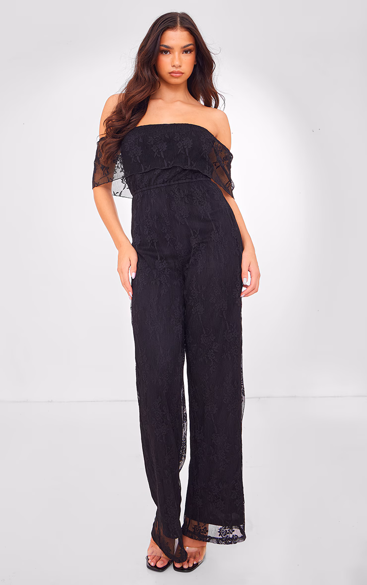 Black Shimmer Floral Lace Bardot Jumpsuit