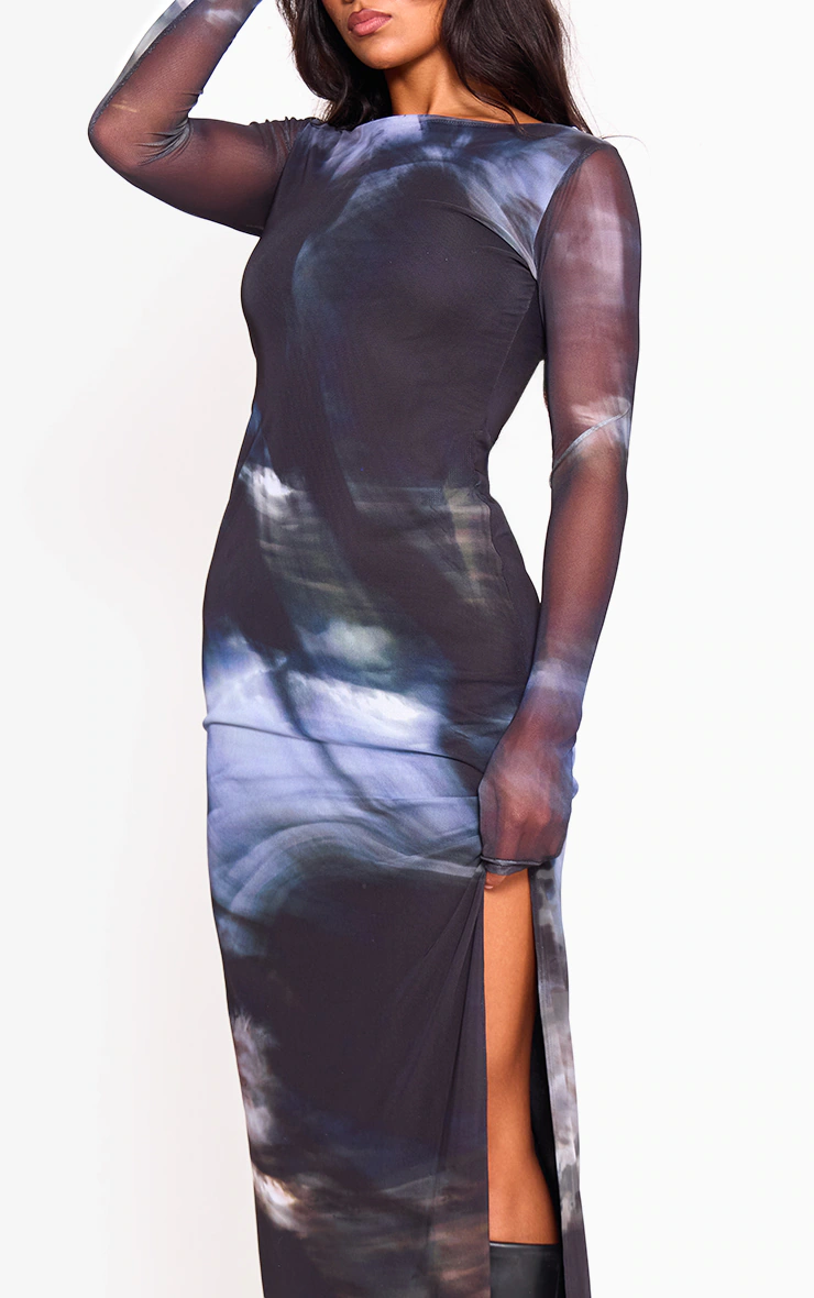 Black Printed Mesh Long Sleeve Maxi Dress