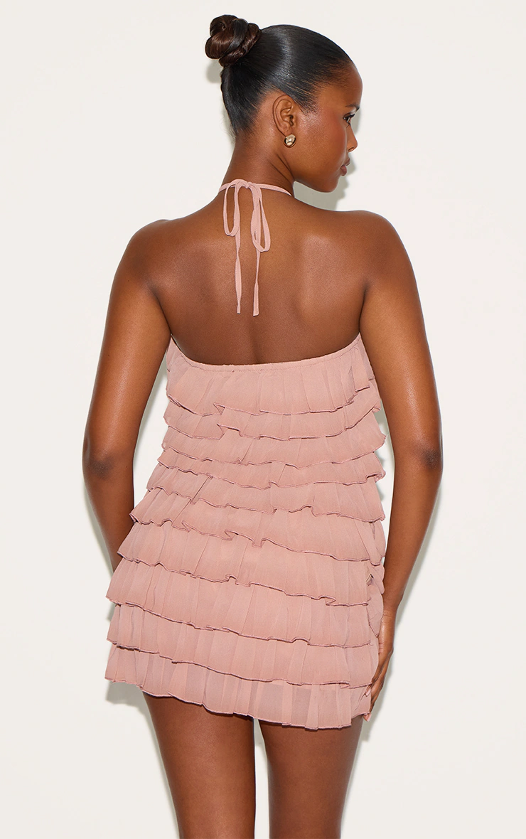 Dusty Peach Extreme Ruffle Halterneck Shift Dress