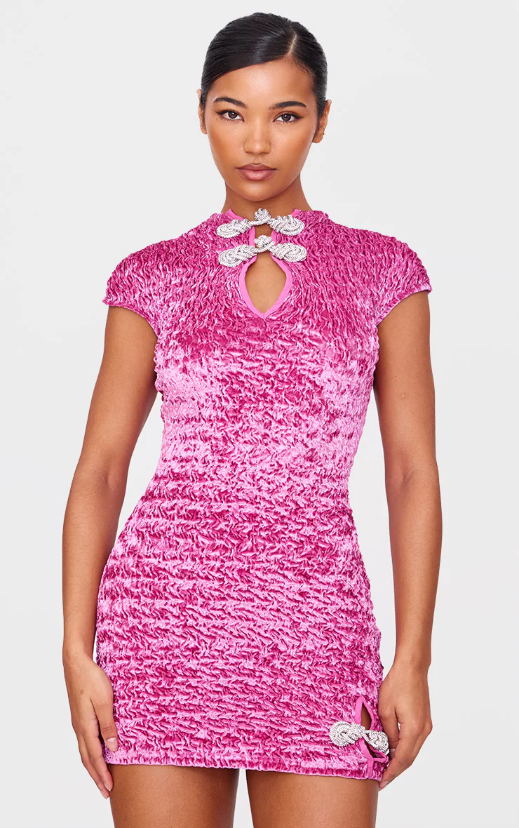 Pink Textured Satin Bow Detail Mini Dress
