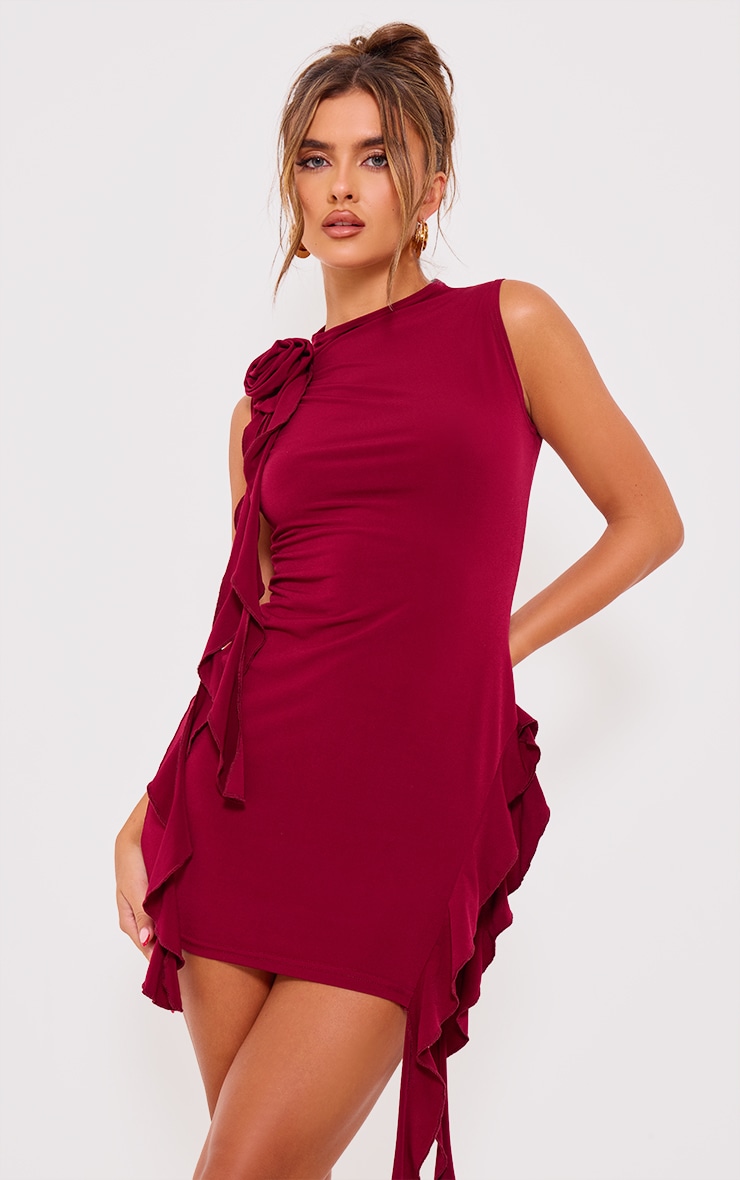 Cherry Red Rose Detail Ruffle Bodycon Dress