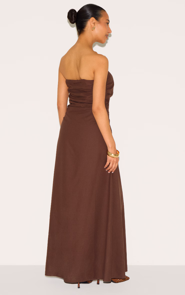 Petite Chocolate Linen Look Bandeau Maxi Dress