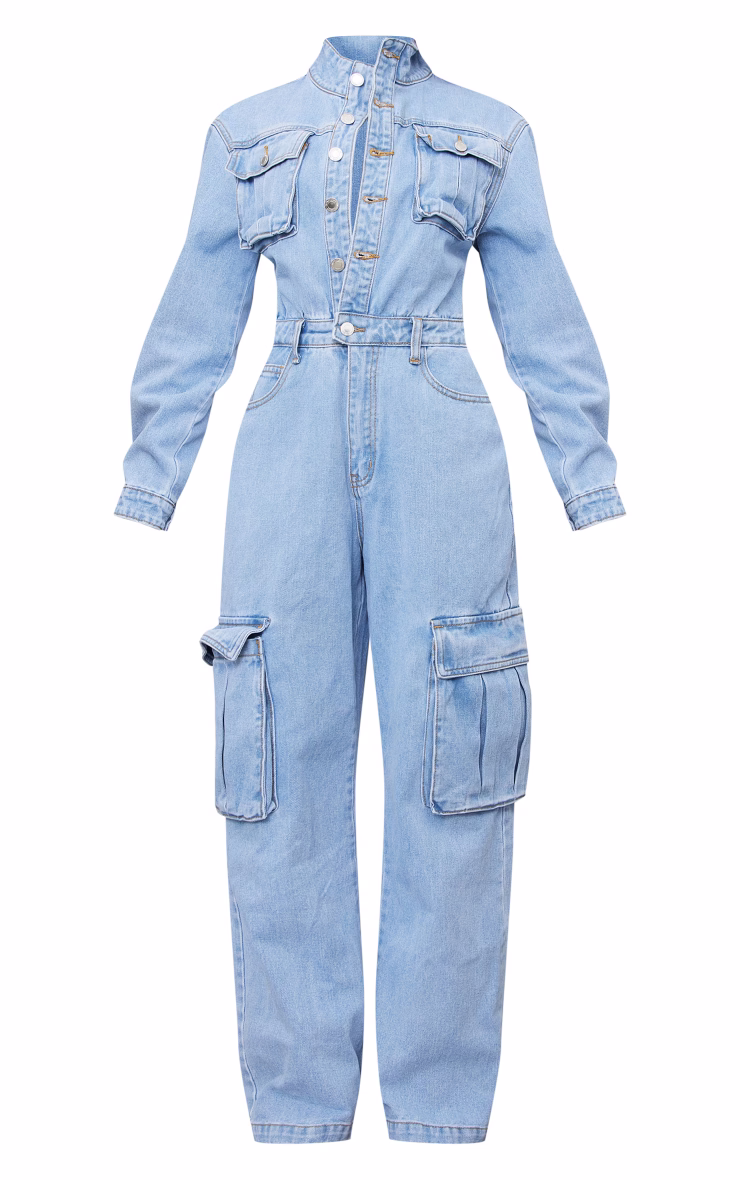 Petite Light Blue Wash Denim Cargo Wide Leg Jumpsuit