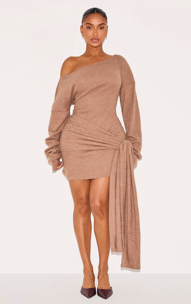 Shape Taupe Brushed Rib Boat Neck Wrap Waist Mini Dress