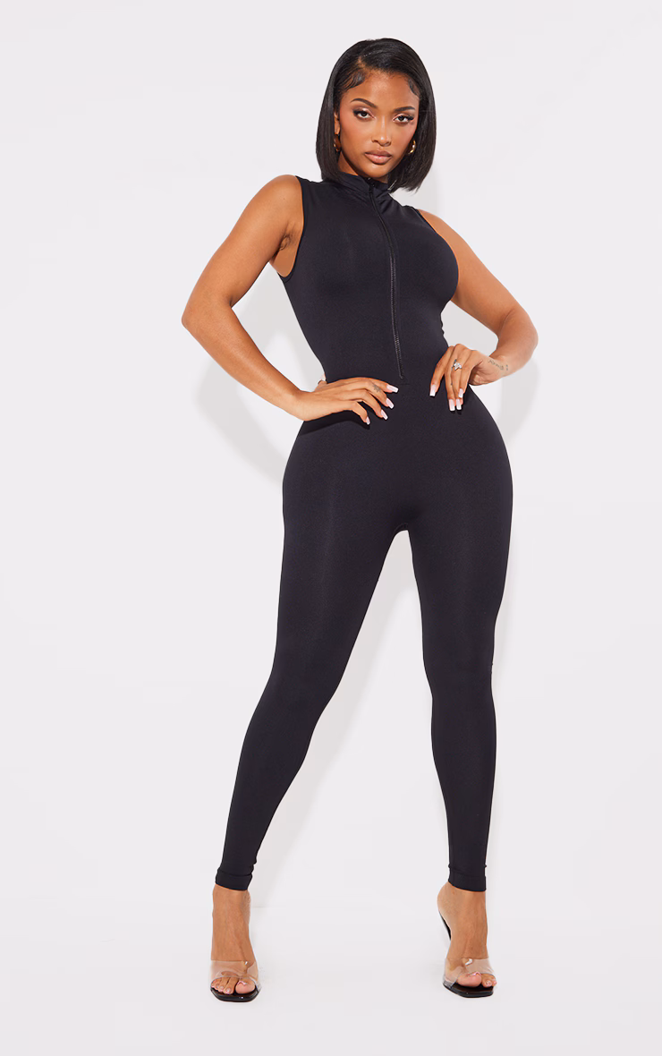 Shape Black Stretch Seamless Zip Front Sleeveless Jumpsuit